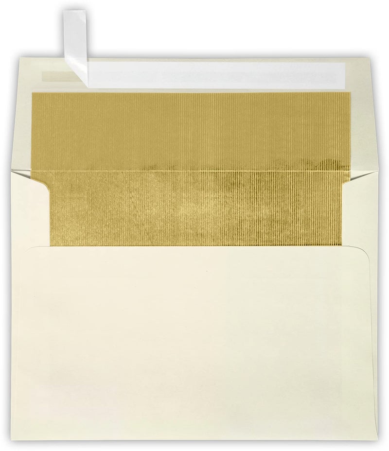 LUXPaper A7 Foil Lined Invitation Envelopes | Peel & Press | 5 1/4" x 7 1/4" | Natural w/Gold LUX Lining | 70lb. Text | 50 Qty - Image 1